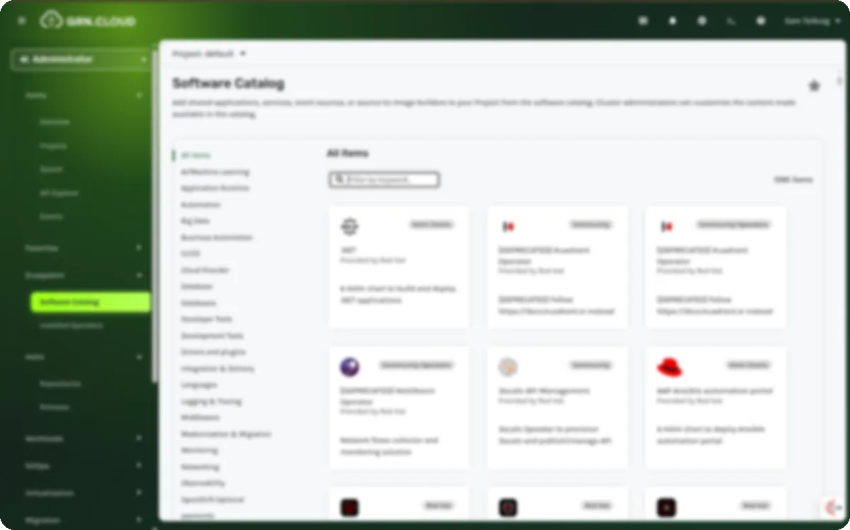 The GRN.CLOUD console showing the Software Catalog of deployable applications