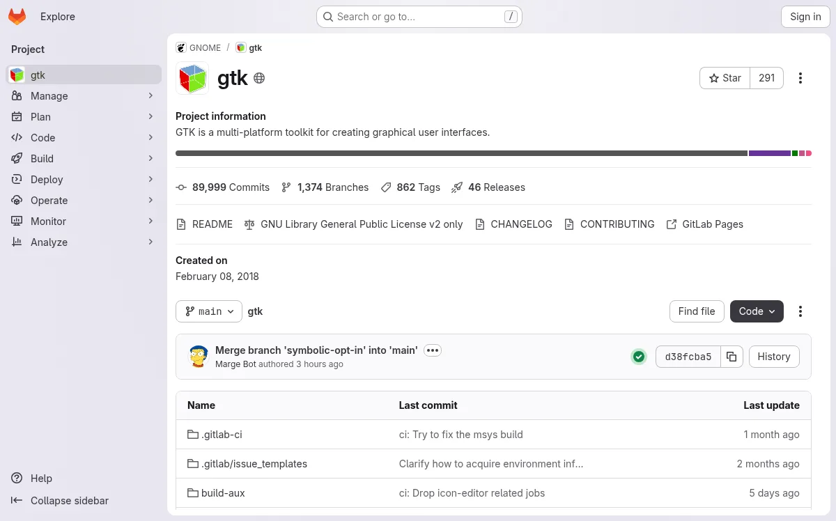 The GitLab web interface showing a project repository overview with commit history, branches and a passing pipeline